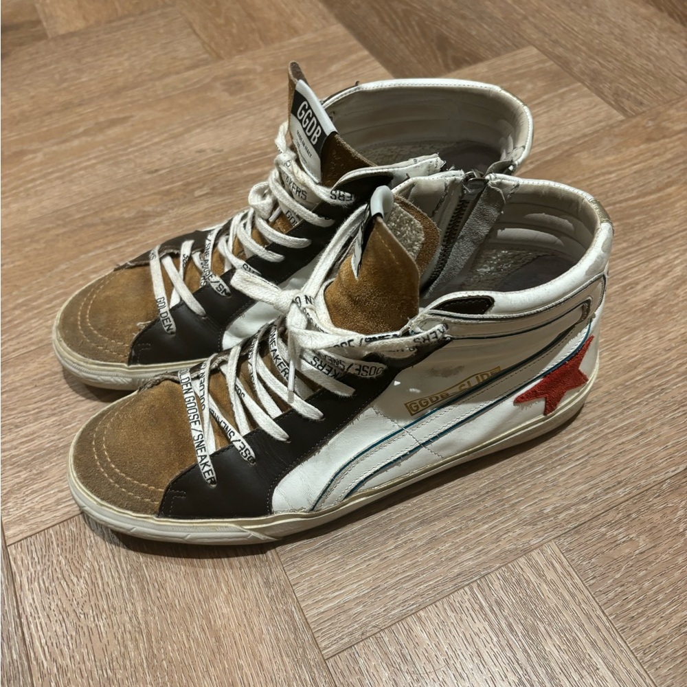 Red and White leather Golden Goose high tops in size US 9.5